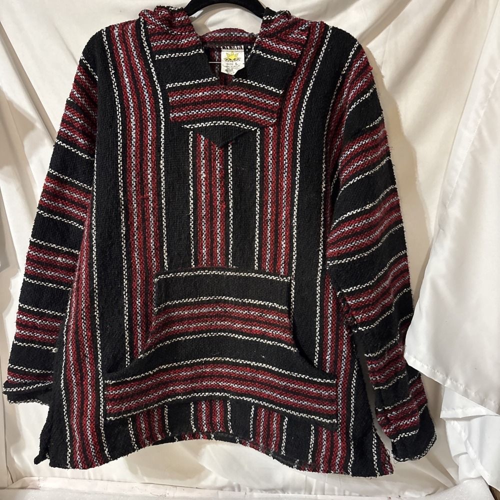 VTG BAJA Sunspecs Pullover Poncho Hippie Boho Mexican Surf Hooded Drug Rug L